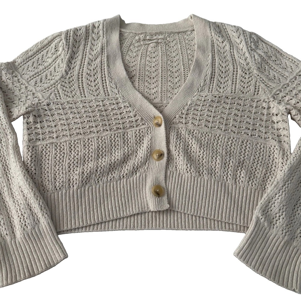 Anthropologie Open Knit Button Front Crotchet Cream Cardigan Sweater Womens XL